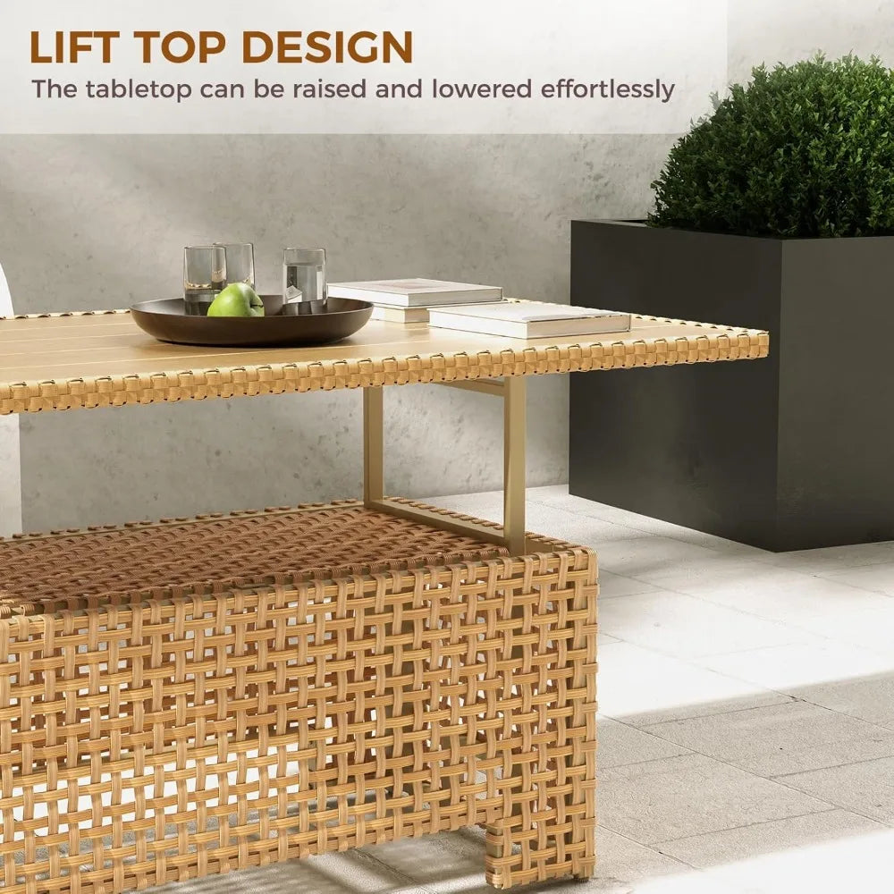 Beige Wicker Rattan Lift Top Coffee Dining Table Outdoor