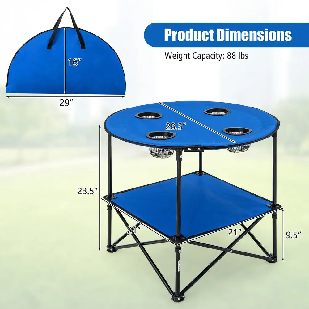 2-Tier Foldable Camping Table with Carrying Bag and 4 Cup Holders for BBQ and Outdoor Use