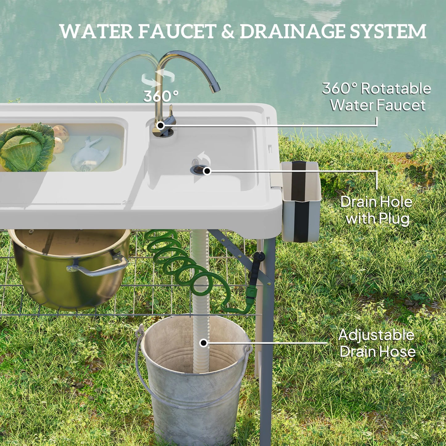 Folding Fish Cleaning Table with Sink and Faucet Outdoor Camping Table White