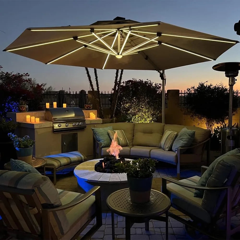 11Ft Solar Powered LED Cantilever Patio Umbrella Beige