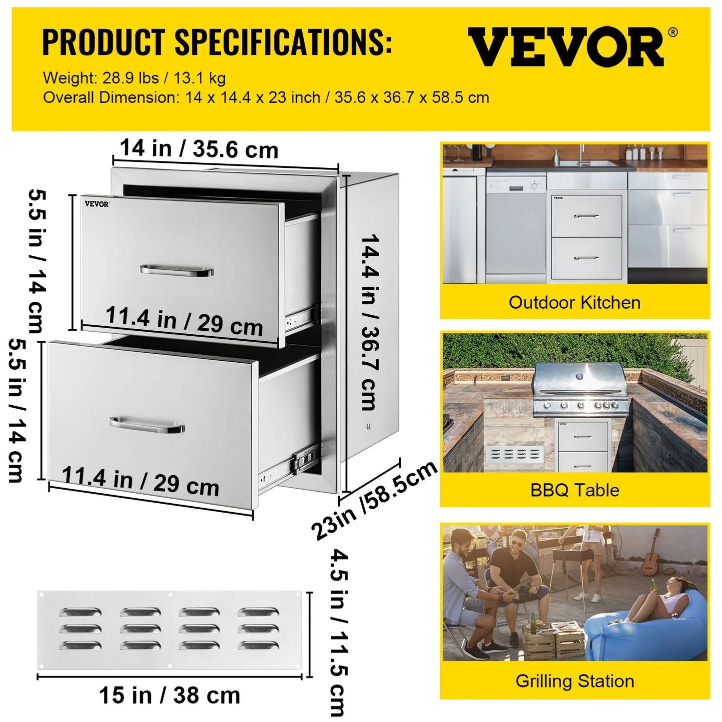 SucceBuy Stainless Steel Outdoor Kitchen Drawers with Handle Large Storage BBQ Island Weather Resistant
