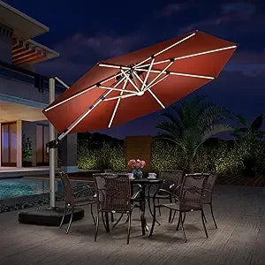 11Ft Solar Powered LED Cantilever Patio Umbrella Beige