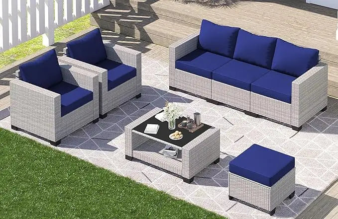 7 Piece Outdoor Patio Furniture Set Rattan Sectional Chairs Glass Table Wicker Conversation Seating