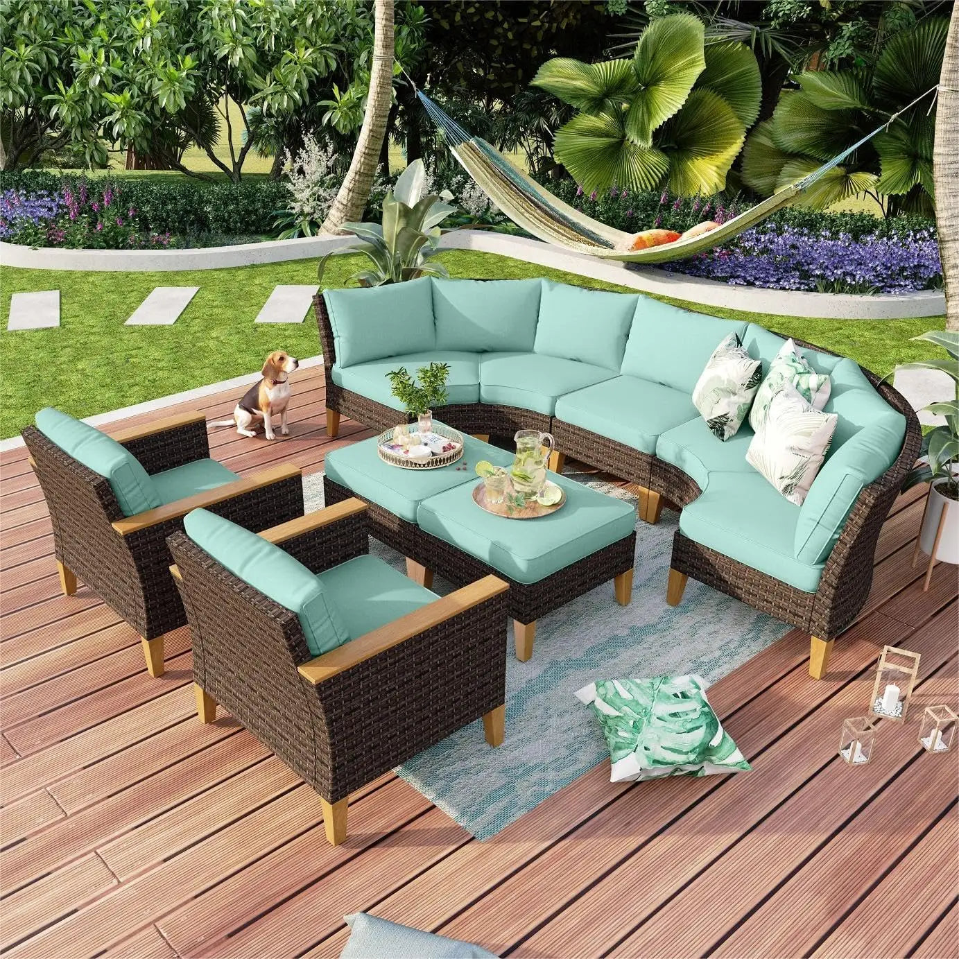 9 Piece Wicker Patio Furniture Set with 56 Inch Fire Pit Table All Weather PE Rattan Sectional Sofa Conversation Set