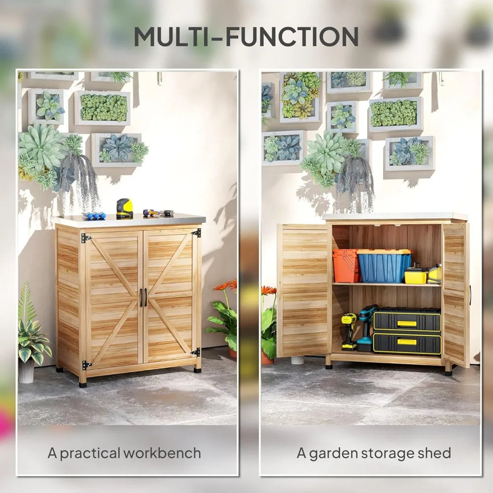 Outdoor Storage Cabinet Wooden Tool Storage Box with Metal Tabletop and Shelf Potting Bench Table with Double Doors