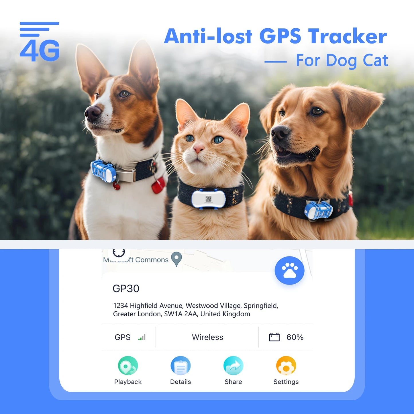 4G GPS Tracker Dog Cat Waterproof Locator App Live Tracking