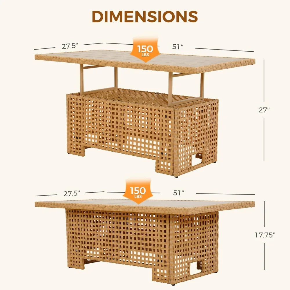 Beige Wicker Rattan Lift Top Coffee Dining Table Outdoor