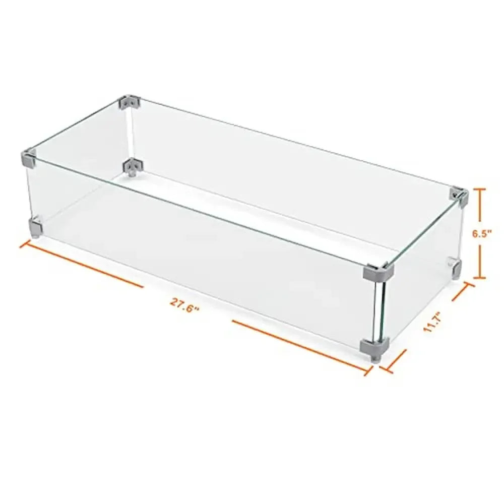 Rectangular Glass Fire Pit Wind Guard Small Outdoor Fire Pit Durable Tempered Glass with Polished Aluminum Brackets Sturdy