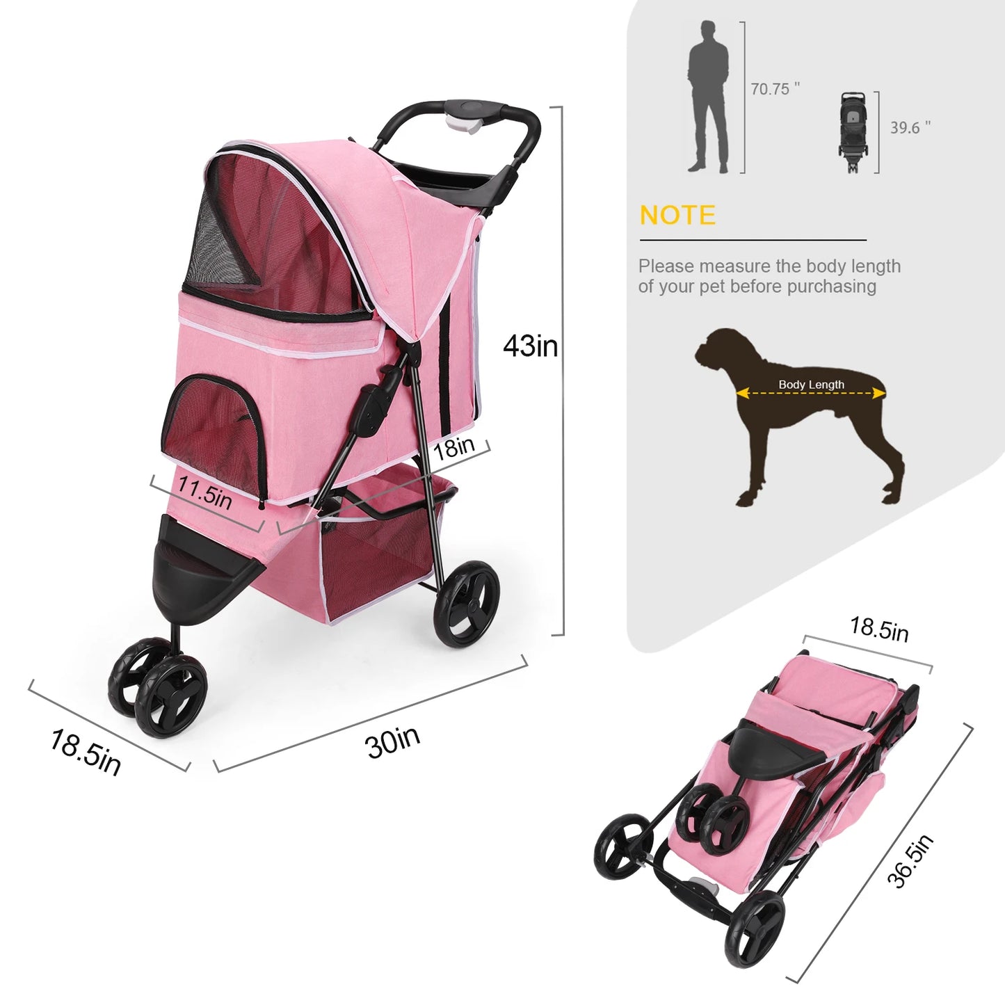 Foldable Pet Stroller With 360 Degree Swivel Wheels Basket