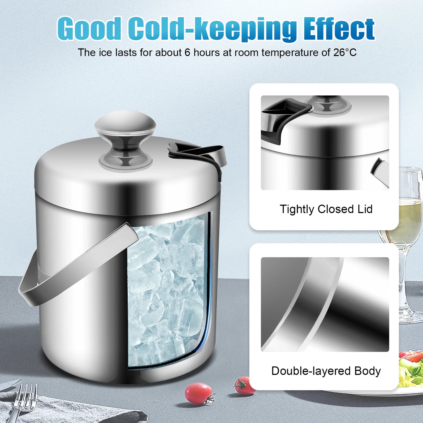1.3L Portable Double Walled Ice Bucket with Tongs Lid Stainless Steel Ice Cube Container for Wine Drinking Beer Cooler