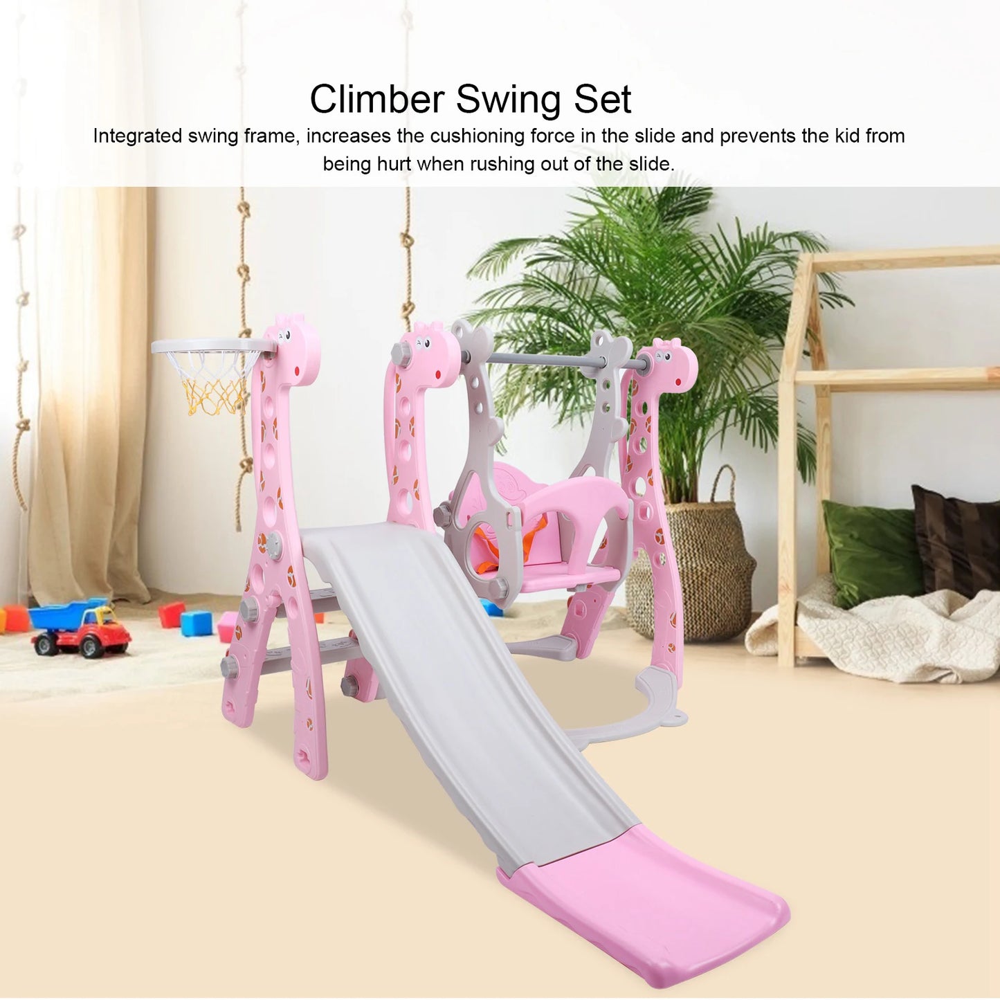 Children Play Slide Set Toddler Climber Swing Set with Basketball Hoop Indoor Outdoor Play Equipment