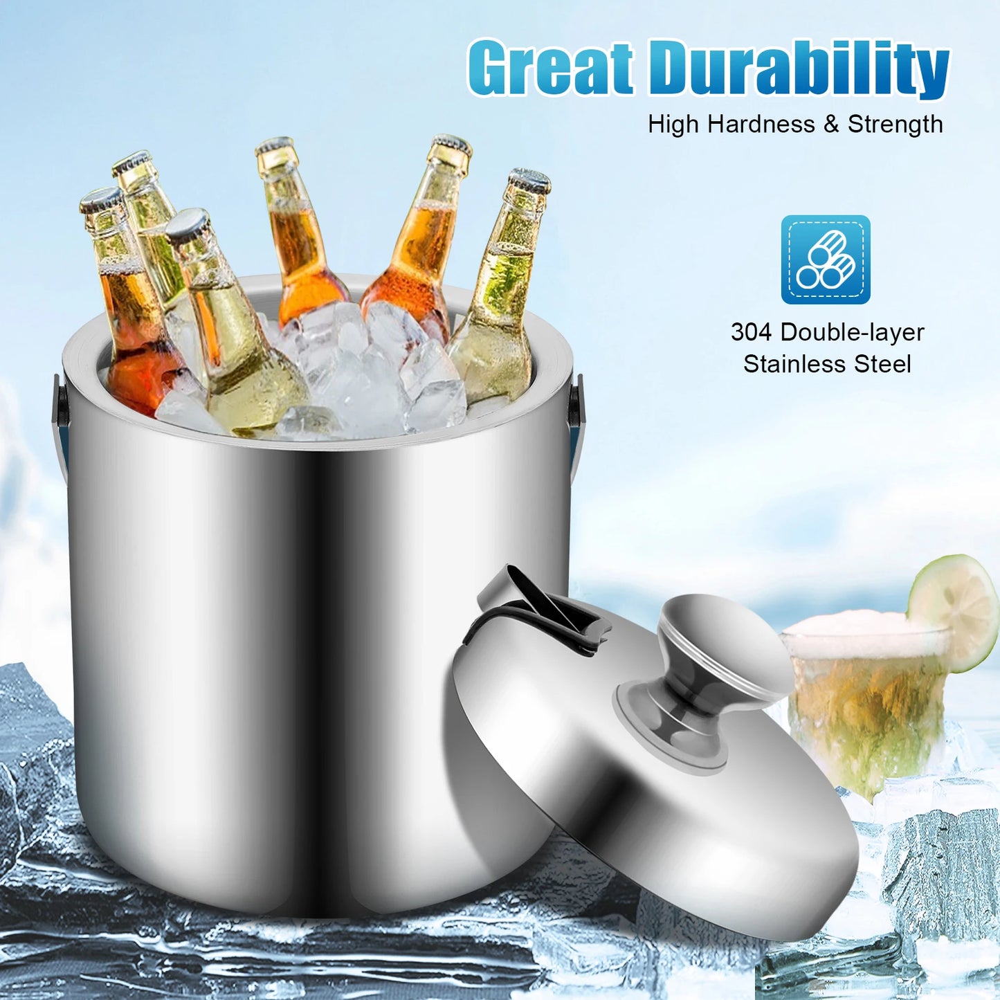 1.3L Portable Double Walled Ice Bucket with Tongs Lid Stainless Steel Ice Cube Container for Wine Drinking Beer Cooler