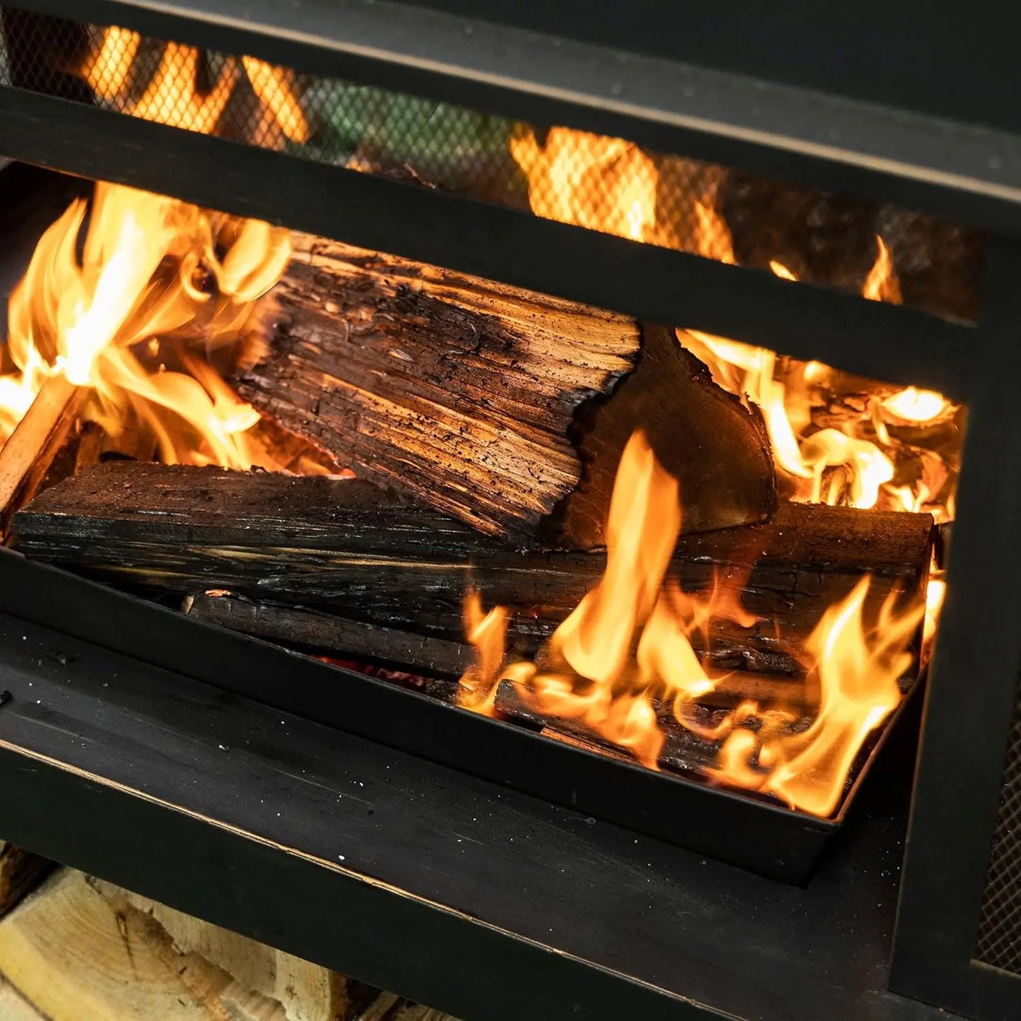 Outdoor Wood Burning Fireplace with Wood Storage and Removable Fire Grill 40 Inch Large Metal Wicker Base Fire Pit for Patio