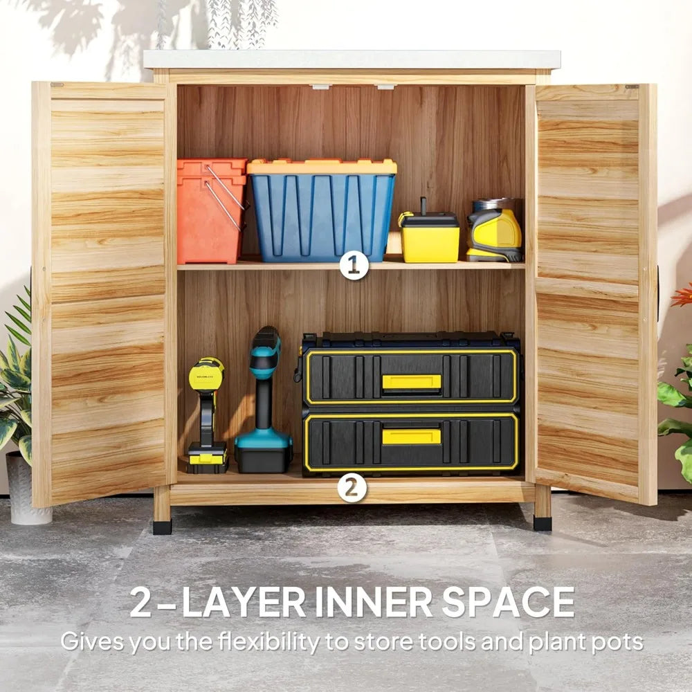Outdoor Storage Cabinet Wooden Tool Storage Box with Metal Tabletop and Shelf Potting Bench Table with Double Doors