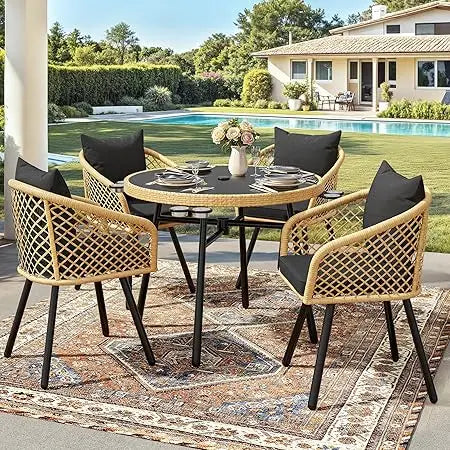 5 Piece Rattan Outdoor Dining Set For 4 With Cushions