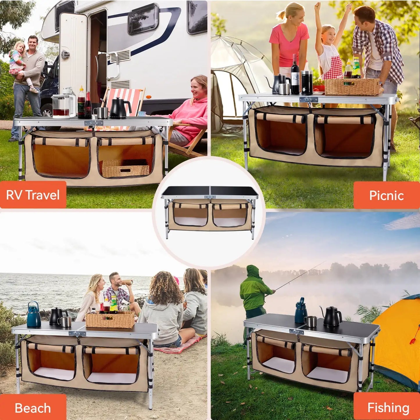Portable Camping Table Set Aluminum Kitchen Station with Storage Adjustable Feet and Trash Can Brown