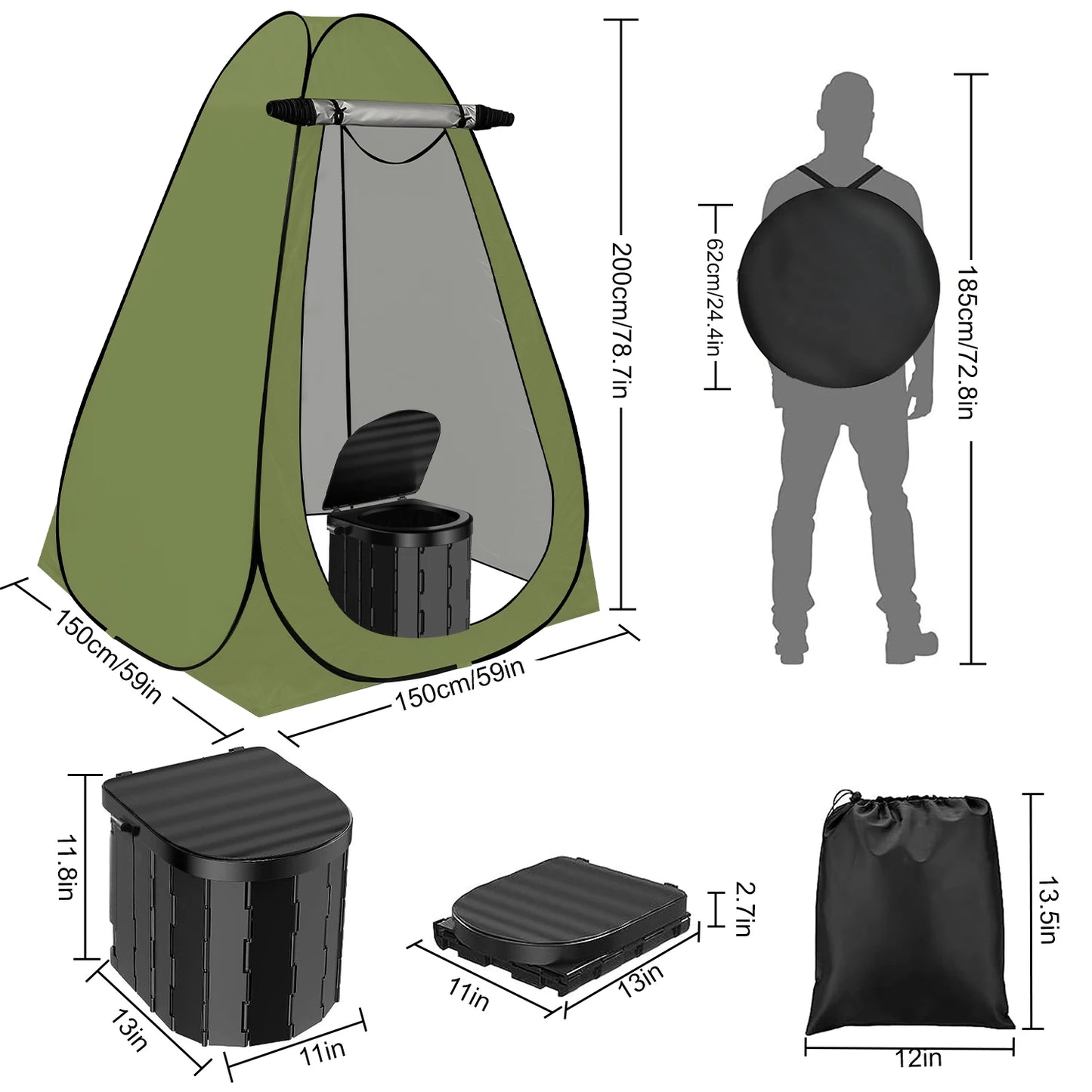 Portable Camping Toilet With 1.5m Pop Up Privacy Tent