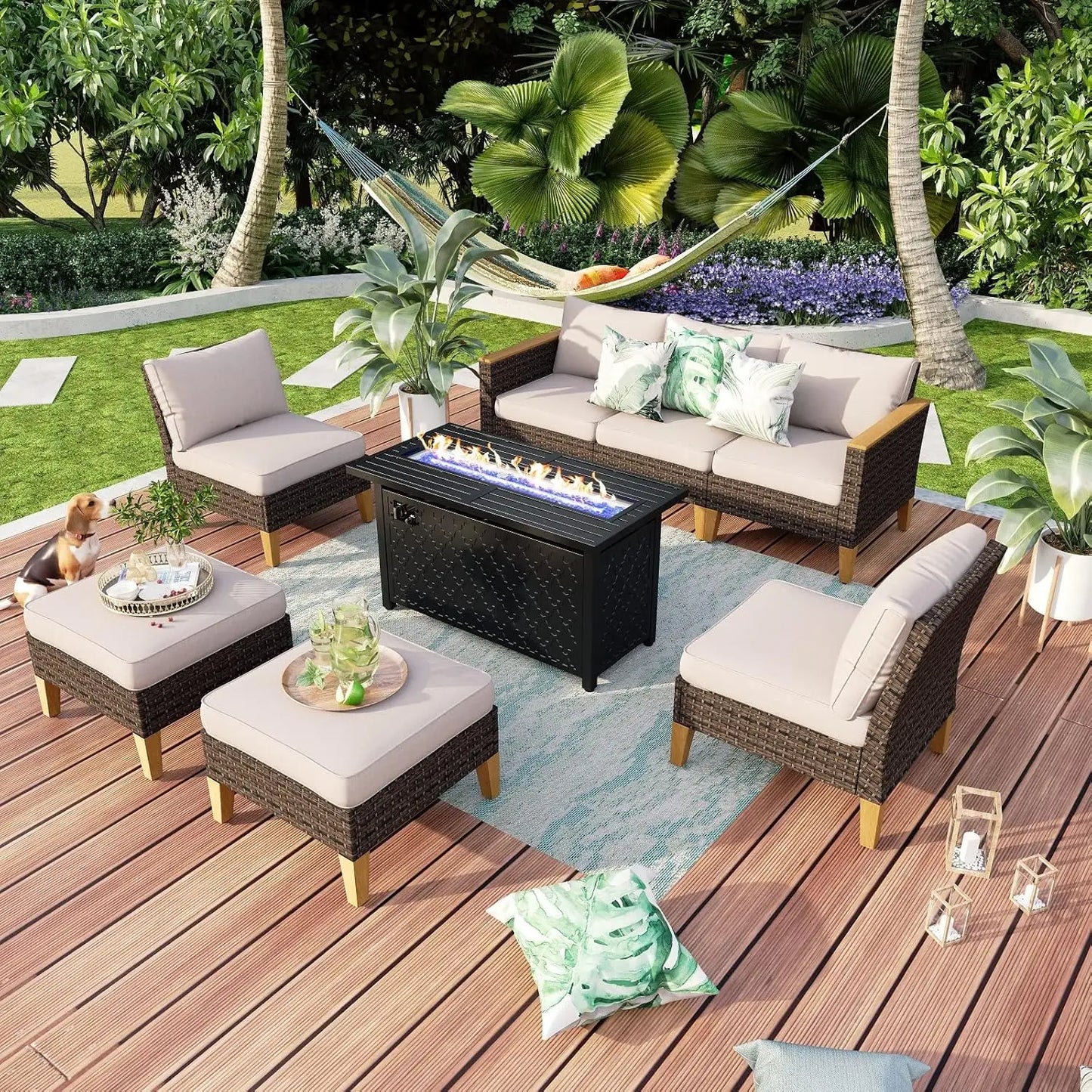 9 Piece Wicker Patio Furniture Set with 56 Inch Fire Pit Table All Weather PE Rattan Sectional Sofa Conversation Set