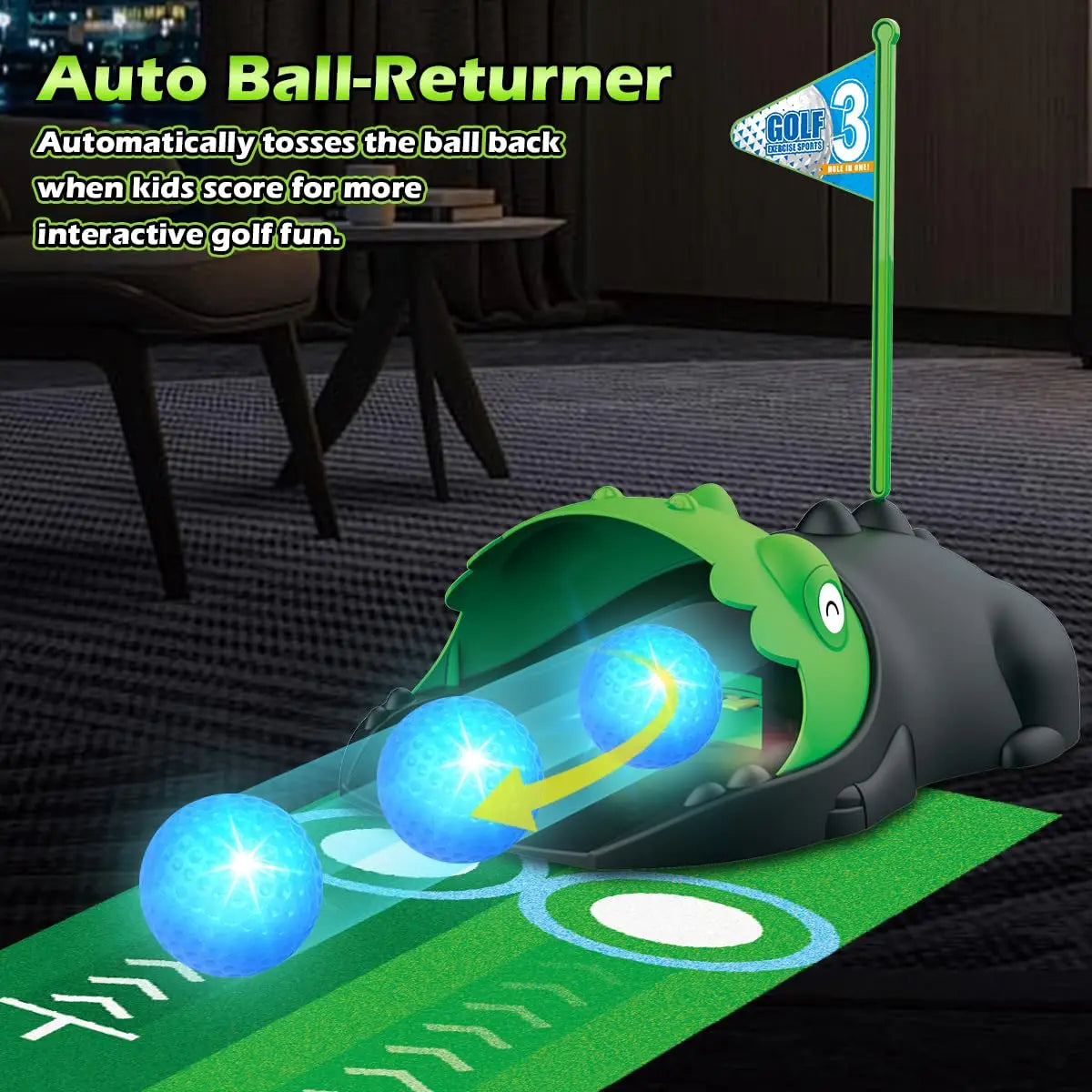 Kids Toy Golf Club Set with LED Automatic Ball Returner Golf Putting Mat Mini Golf Game Sports Gift for Boys and Girls Ages 3 and Up