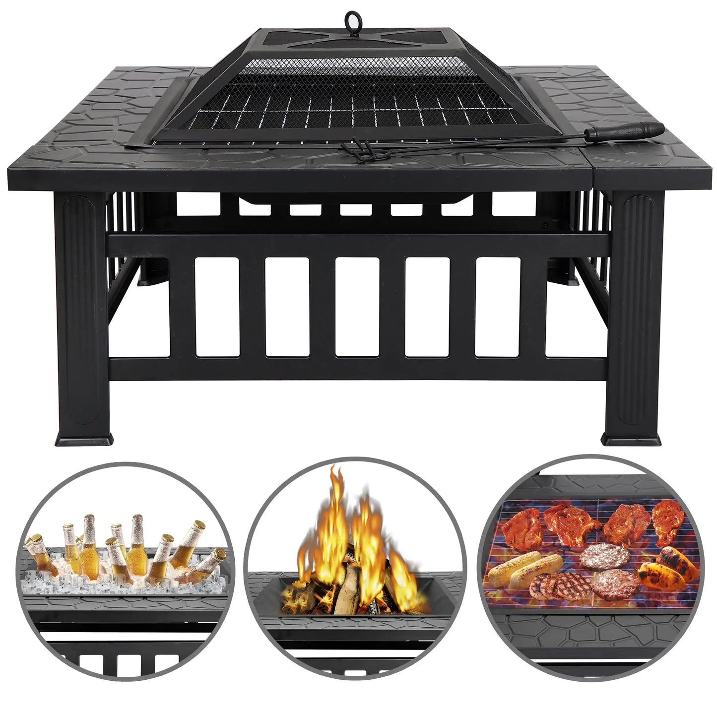 32 Inch Square Outdoor Fire Pit Metal Wood Burning Patio