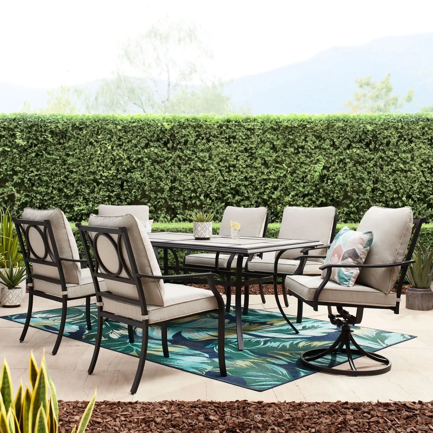 Newport Outdoor Ceramic Tile Dining Table Umbrella Hole