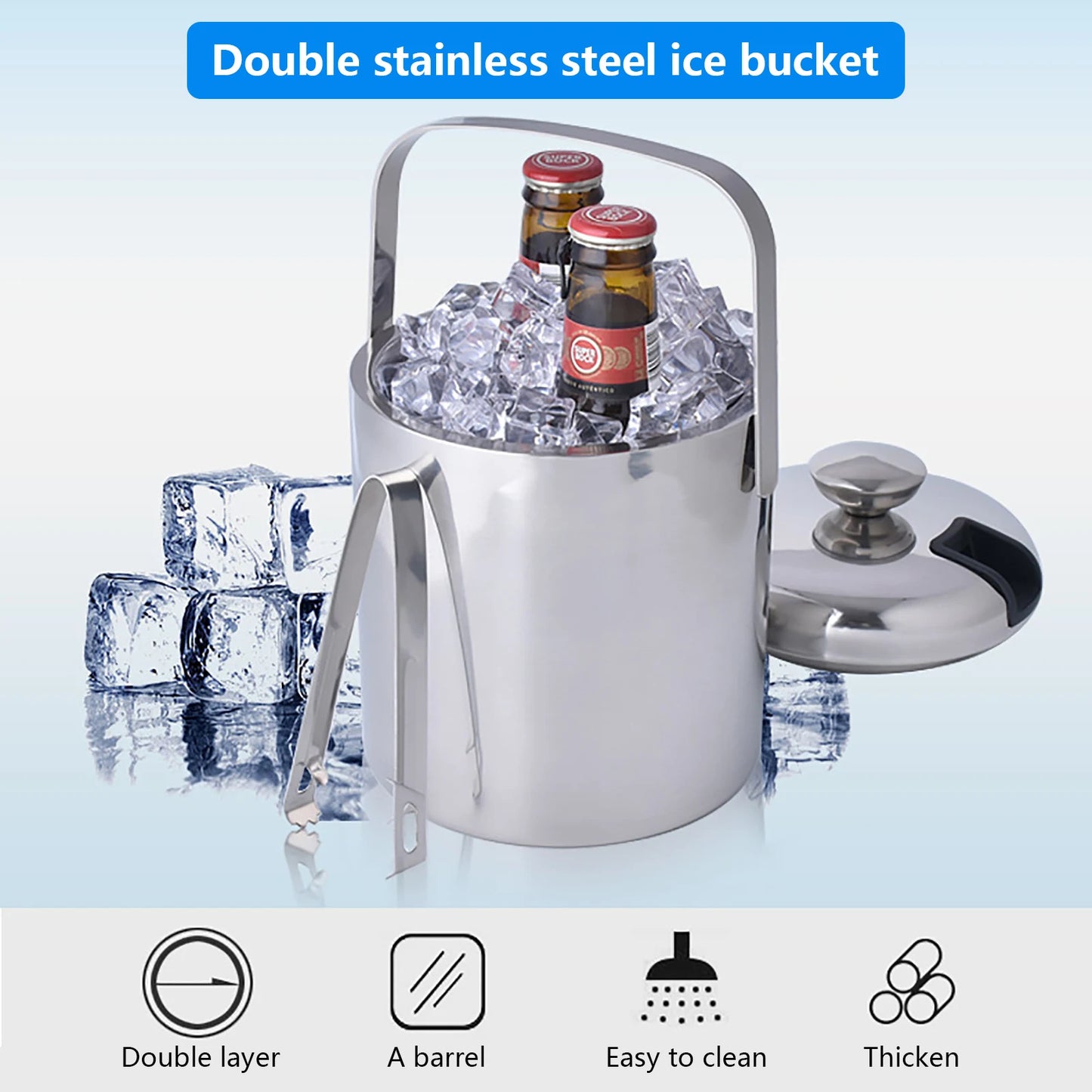 1.3L Double Layer Stainless Steel Ice Bucket Champagne Cooler