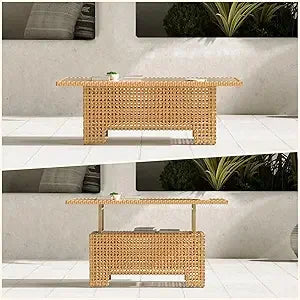 Beige Wicker Rattan Lift Top Coffee Dining Table Outdoor