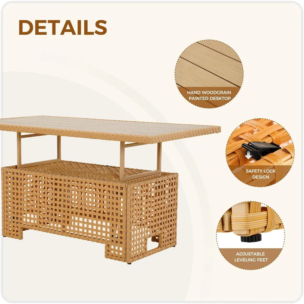 Beige Wicker Rattan Lift Top Coffee Dining Table Outdoor
