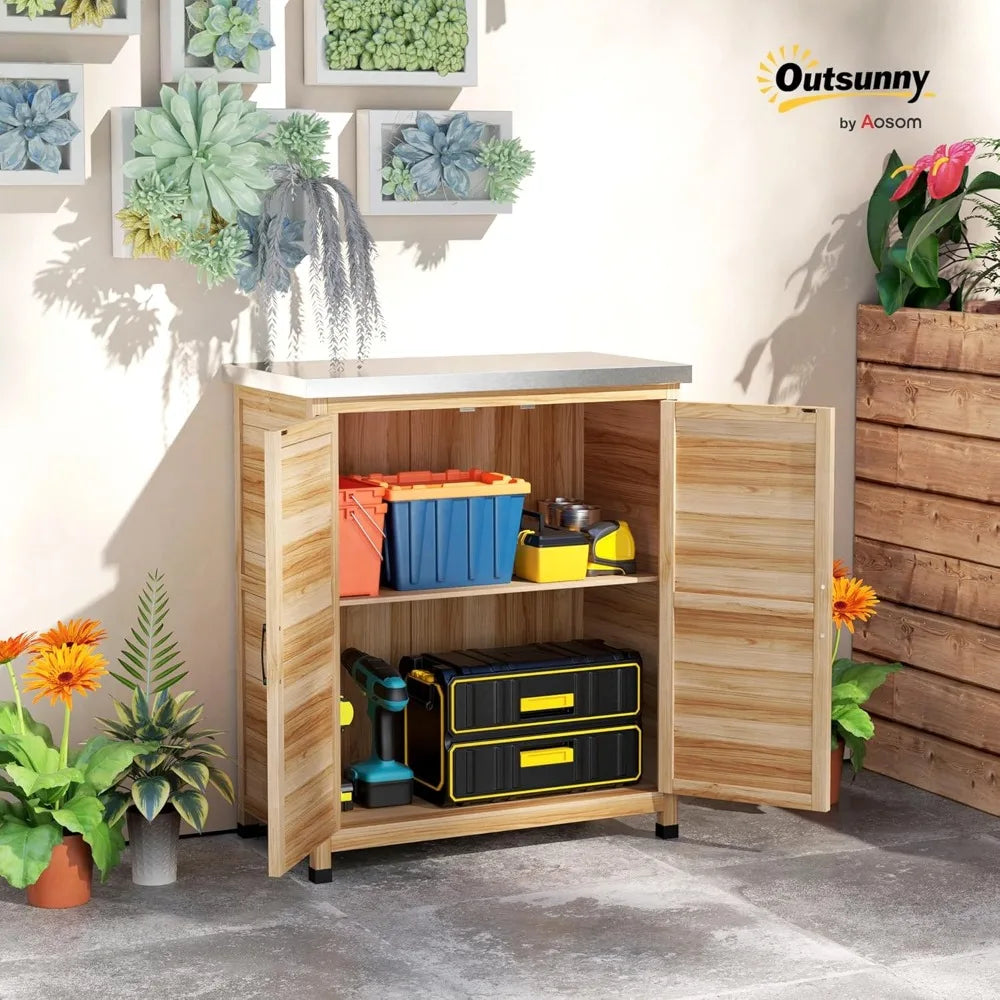 Outdoor Storage Cabinet Wooden Tool Storage Box with Metal Tabletop and Shelf Potting Bench Table with Double Doors