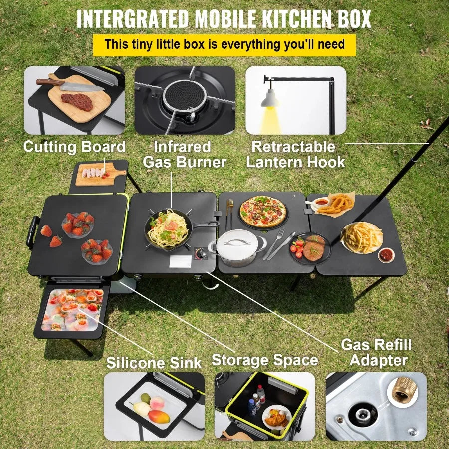 Outdoor Mobile Kitchen Portable Multifunctional Camp Box with Wheels All In One Integrated Cooking Station with Windproof Stove