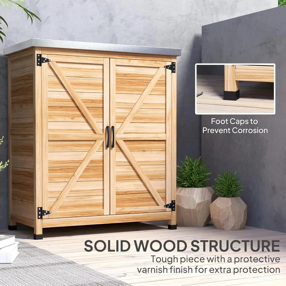 Outdoor Storage Cabinet Wooden Tool Storage Box with Metal Tabletop and Shelf Potting Bench Table with Double Doors