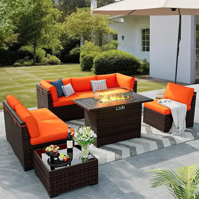 8 Pieces Outdoor Patio Furniture Set with 44 Inch Fire Pit Table Rattan Sectional Conversation Set with Gas Fire Pit