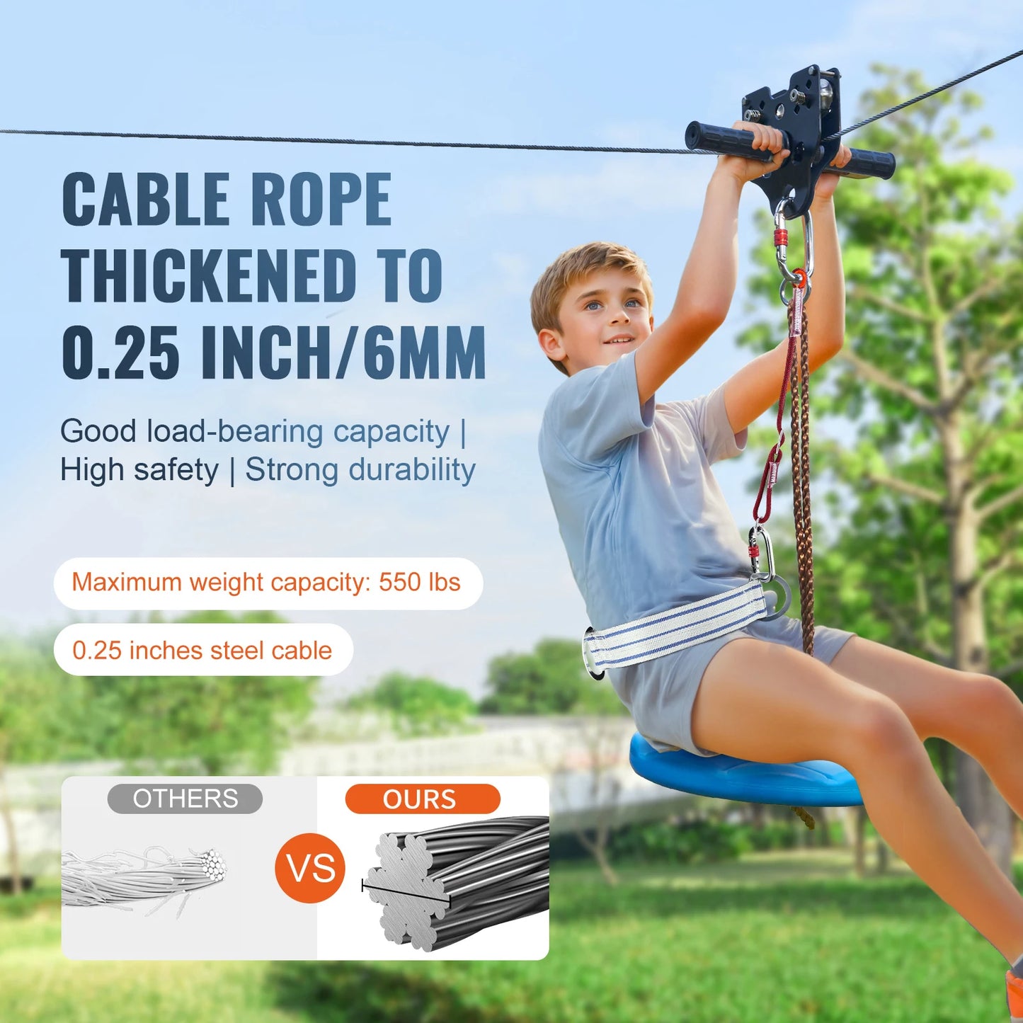 SucceBuy Zipline Kit 60 to 120 Feet Stainless Steel Safety Harness Seat Up to 500 Pounds Backyard Outdoor Playground Entertainment
