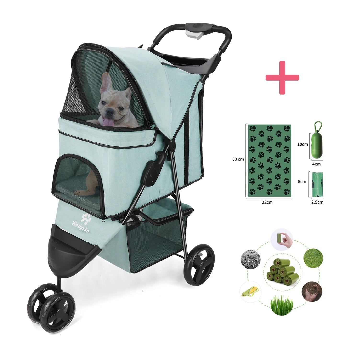 Foldable Pet Stroller With 360 Degree Swivel Wheels Basket