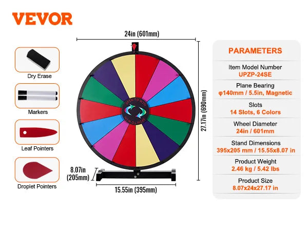 SucceBuy 18 Inch 24 Inch 36 Inch Spinning Prize Wheel 14 Slots Tabletop Floor Standing Spin Game for Parties Pubs