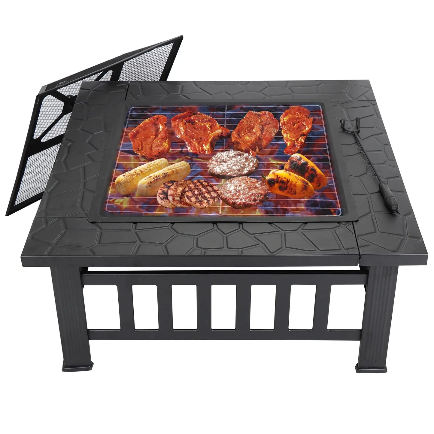 32 Inch Square Outdoor Fire Pit Metal Wood Burning Patio
