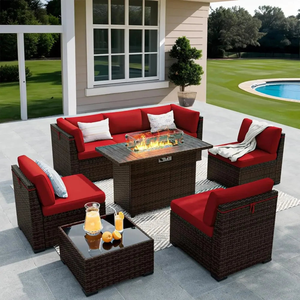 8 Pieces Outdoor Patio Furniture Set with 44 Inch Fire Pit Table Rattan Sectional Conversation Set with Gas Fire Pit