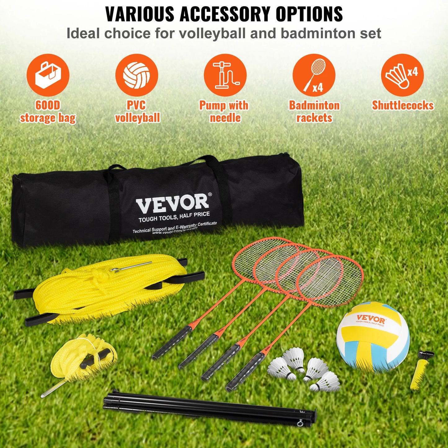 SucceBuy Outdoor Volleyball and Badminton Set Adjustable Steel Poles Professional Set with Carrying Bag for Backyard Beach Lawn