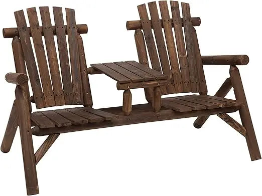 2-Seat Wooden Adirondack Chair Patio Bench with Table Outdoor Loveseat Fire Pit Chair for Porch Backyard Deck Carbonized Wood
