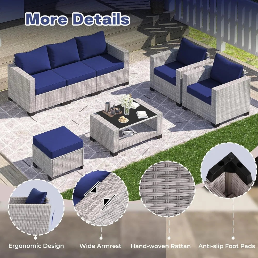 7 Piece Outdoor Patio Furniture Set Rattan Sectional Chairs Glass Table Wicker Conversation Seating