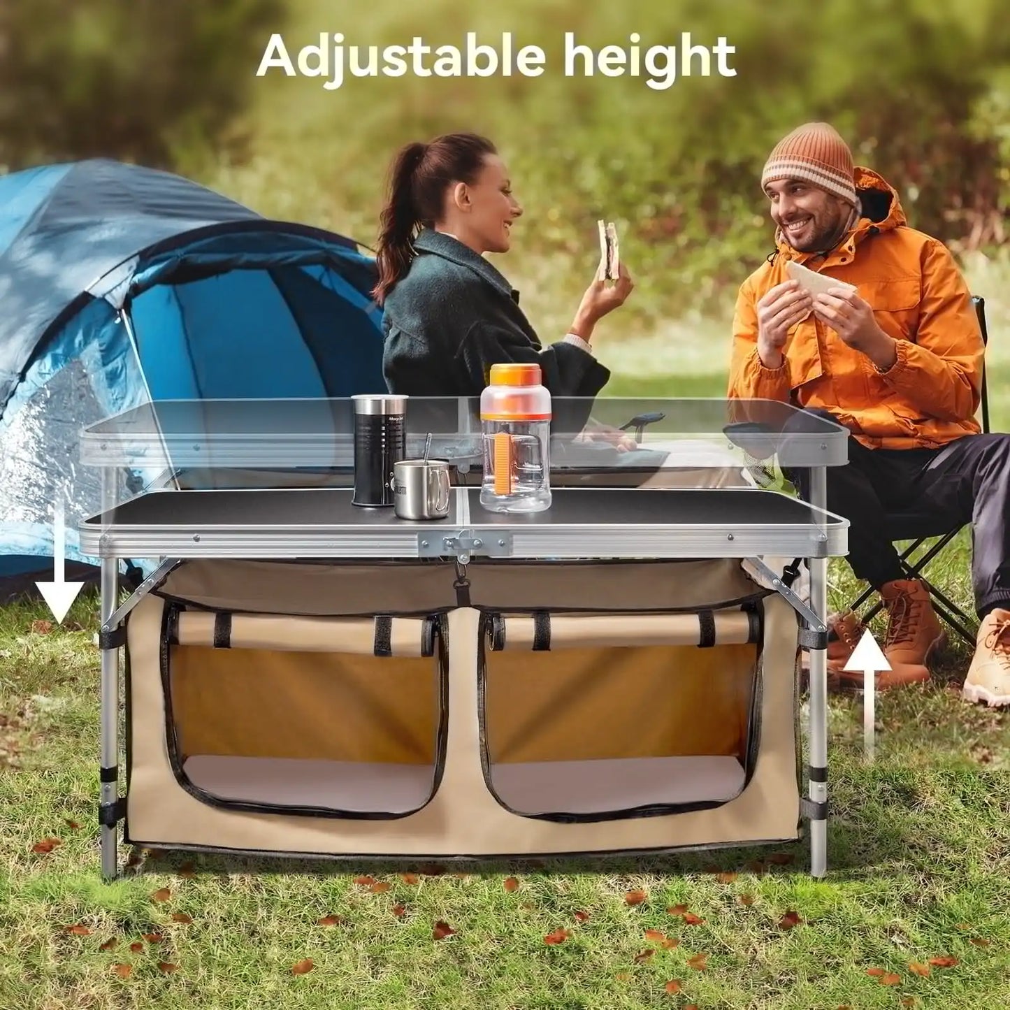 Portable Camping Table Set Aluminum Kitchen Station with Storage Adjustable Feet and Trash Can Brown