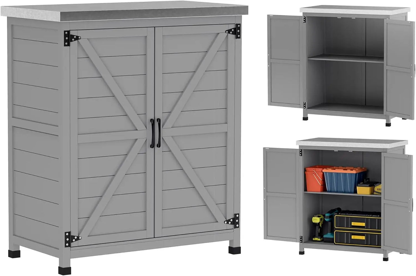 Outdoor Storage Cabinet Wooden Tool Storage Box with Metal Tabletop and Shelf Potting Bench Table with Double Doors