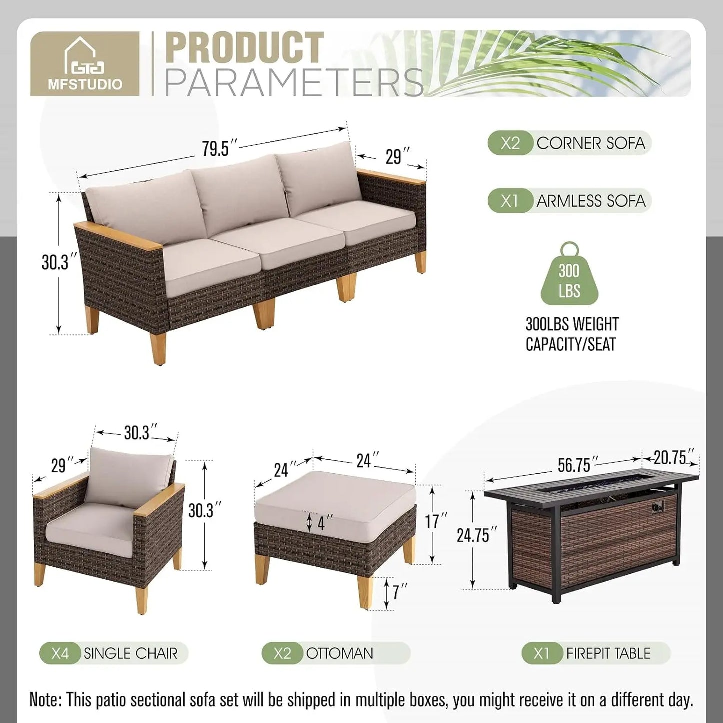 9 Piece Wicker Patio Furniture Set with 56 Inch Fire Pit Table All Weather PE Rattan Sectional Sofa Conversation Set