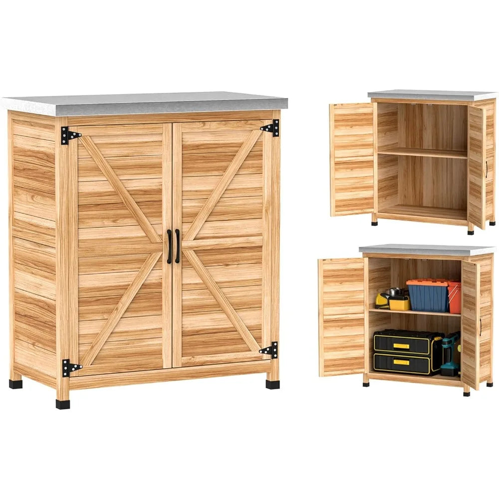 Outdoor Storage Cabinet Wooden Tool Storage Box with Metal Tabletop and Shelf Potting Bench Table with Double Doors