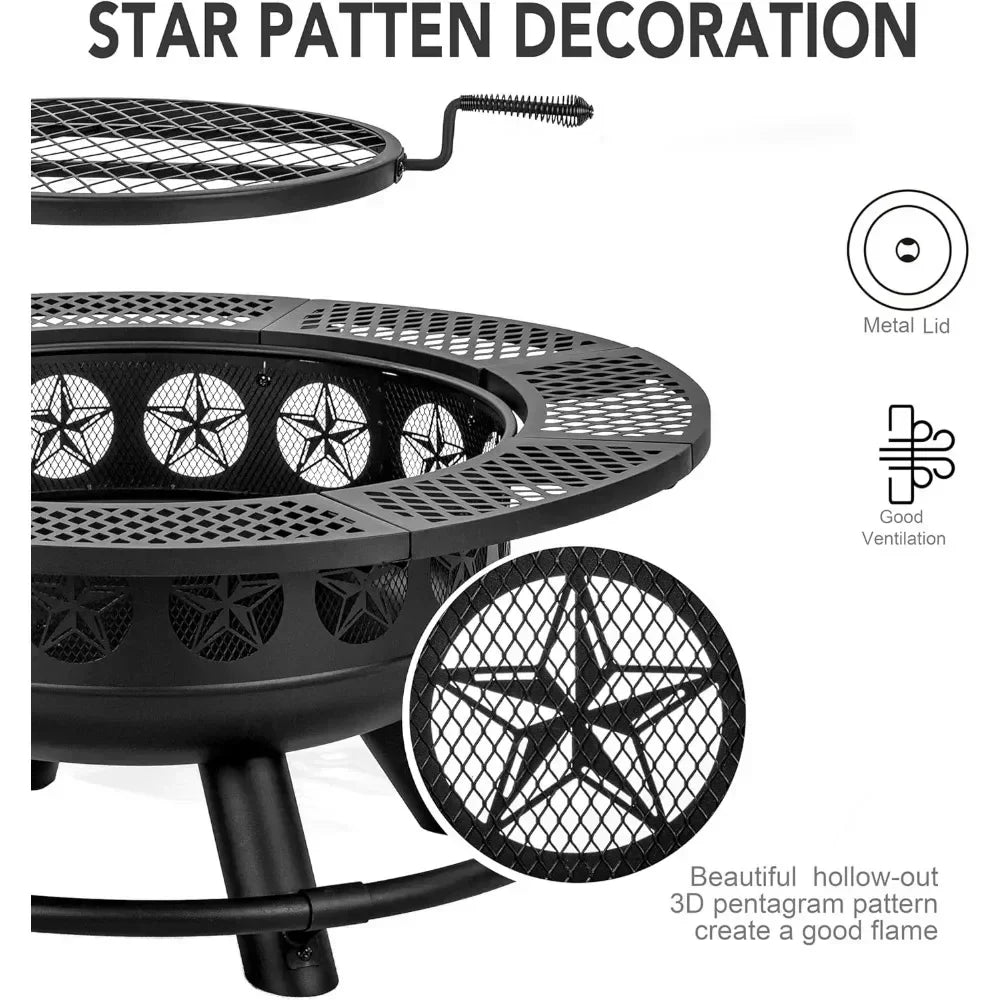 36 Inch Outdoor Wood Burning Fire Pit with Cooking Grill and Lid 3 in 1 Backyard BBQ Bonfire