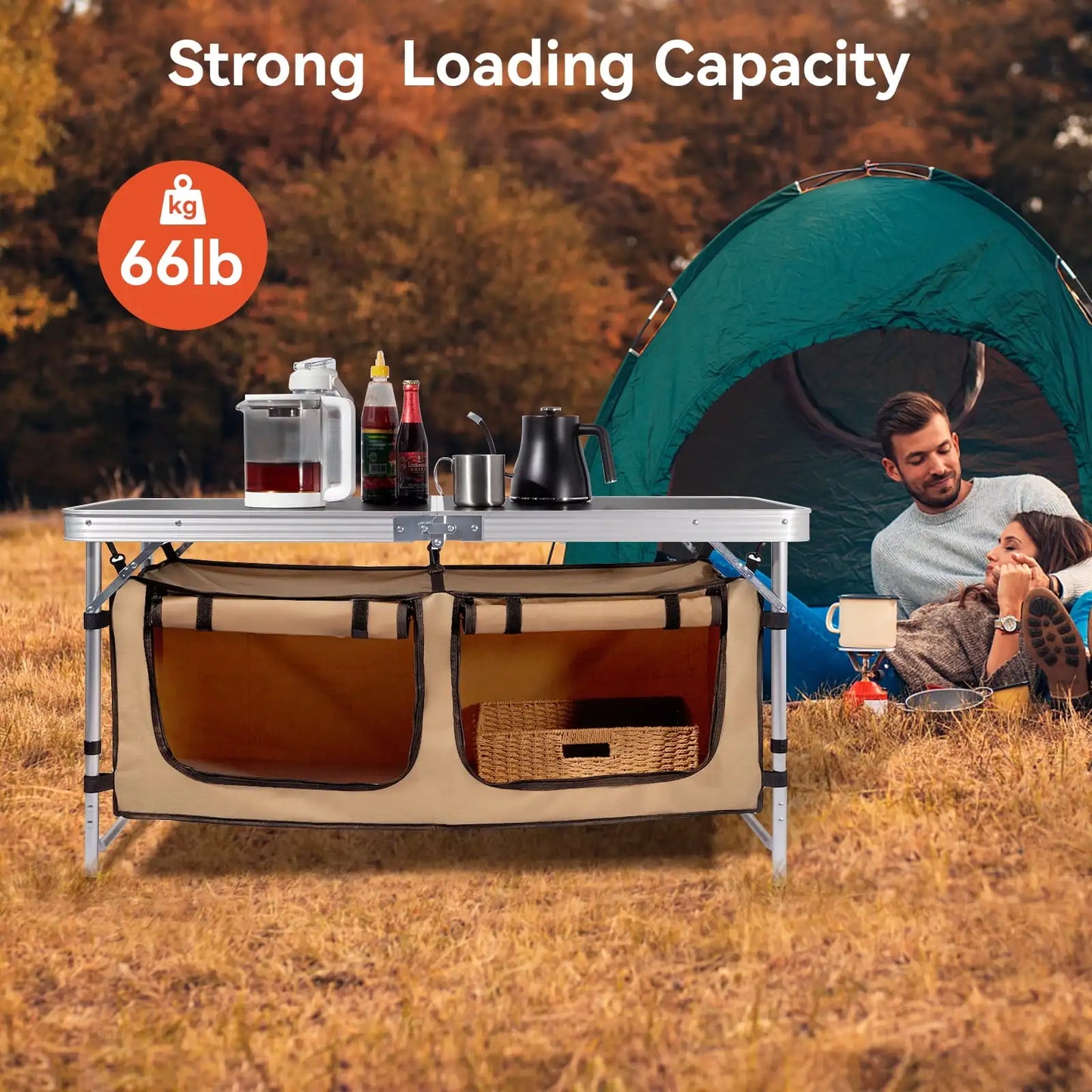 Portable Camping Table Set Aluminum Kitchen Station with Storage Adjustable Feet and Trash Can Brown