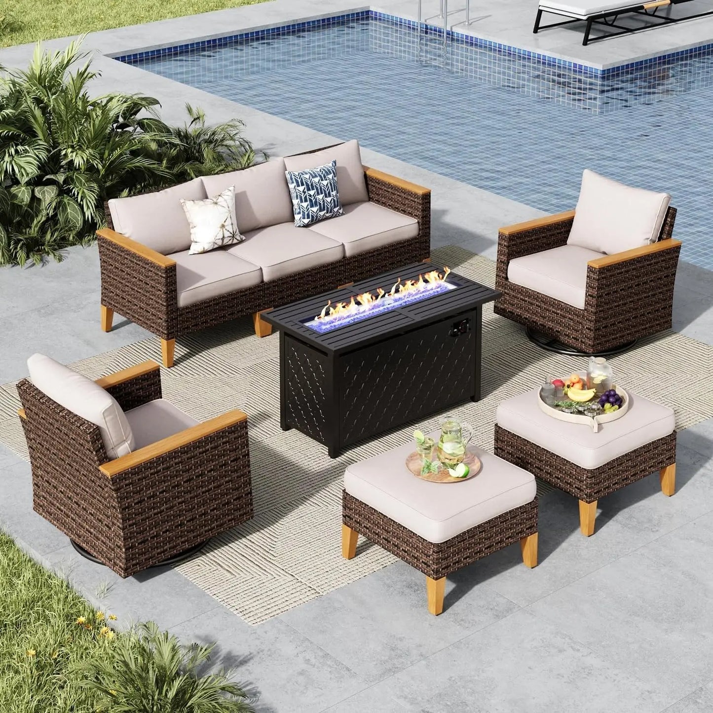 9 Piece Wicker Patio Furniture Set with 56 Inch Fire Pit Table All Weather PE Rattan Sectional Sofa Conversation Set