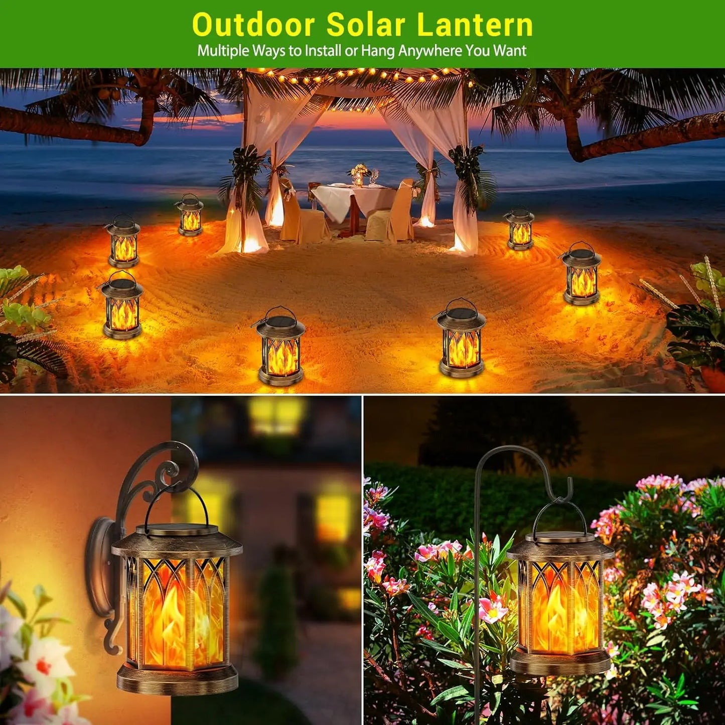 2 Pack Flickering Flame Solar Lanterns For Garden Patio