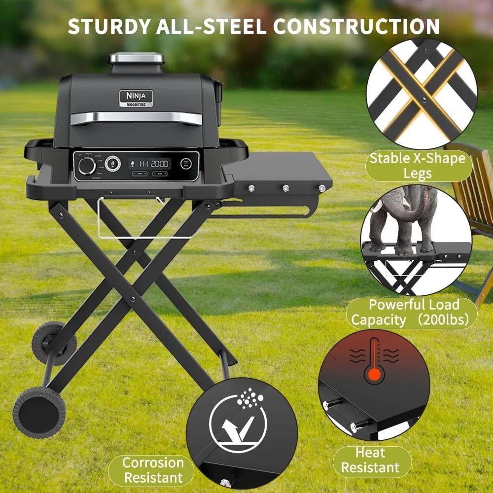 Ninja Wood Fire Outdoor Grill Portable Folding Grill with Wheels Side Table and Pizza Oven