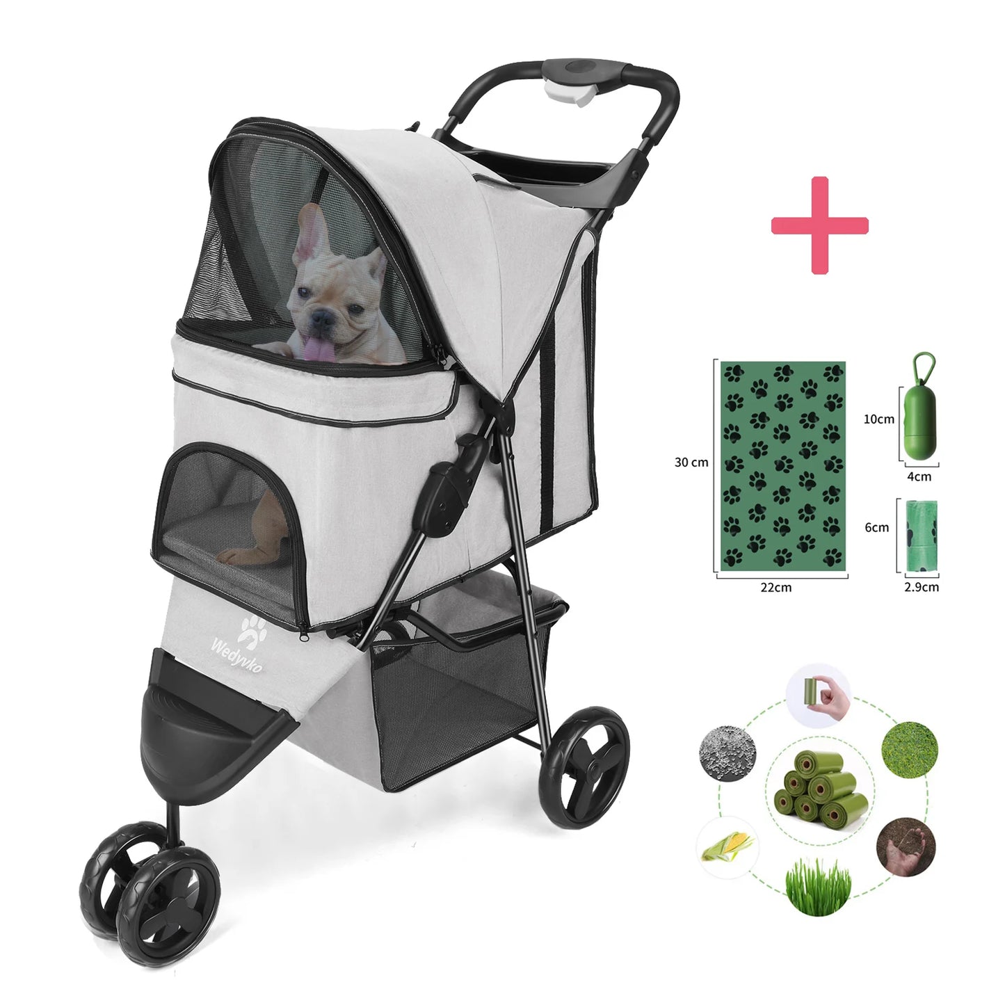 Foldable Pet Stroller With 360 Degree Swivel Wheels Basket